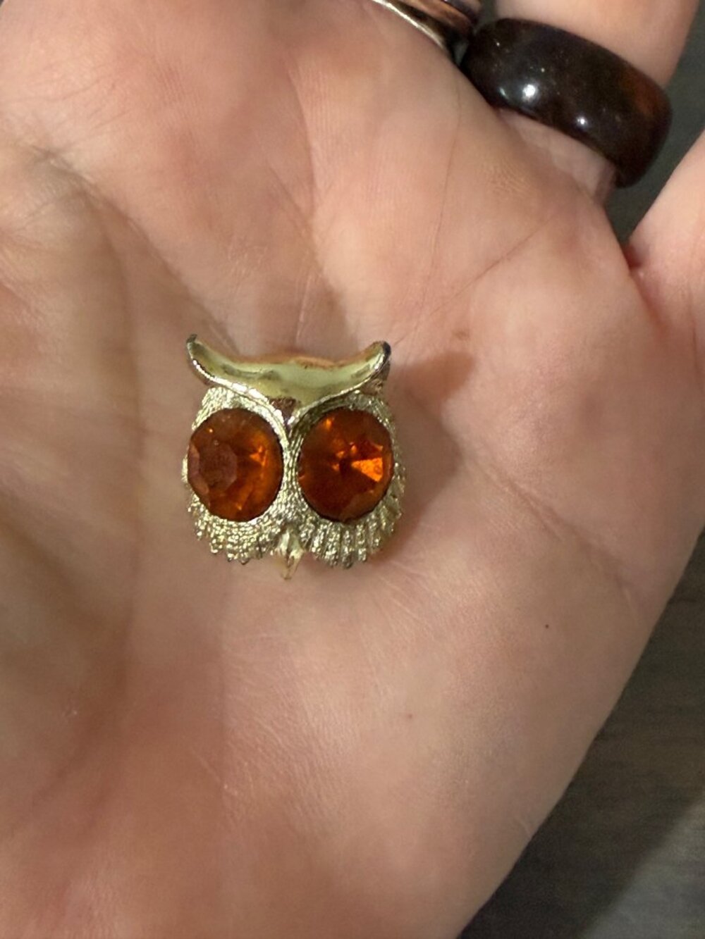 Vintage NEMO Owl Brooch Amber Eyes Gold Tone .5" Signed Gold Tone